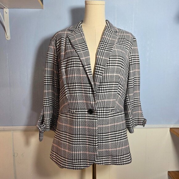 Elle Jackets & Blazers - Elle Large Baby Pink Black Tweed Single Button 3/4 Sleeve Lightweight Jacket